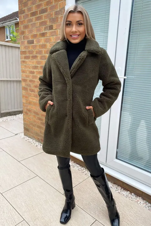 AX Paris Khaki Teddy Faux Fur Coat With Collar Women Coats and Jackets