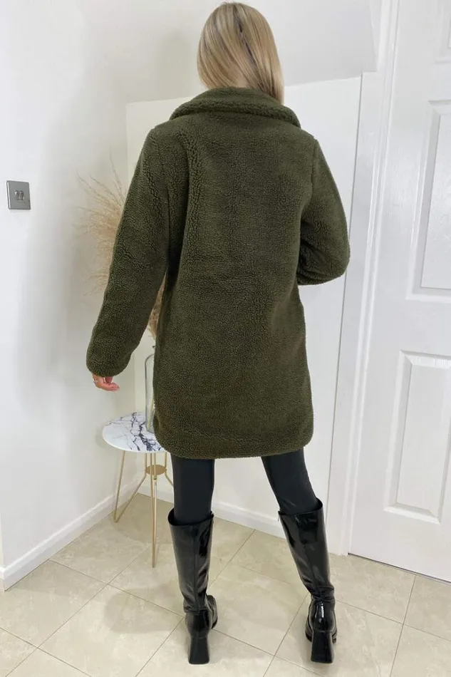 AX Paris Khaki Teddy Faux Fur Coat With Collar Women Coats and Jackets