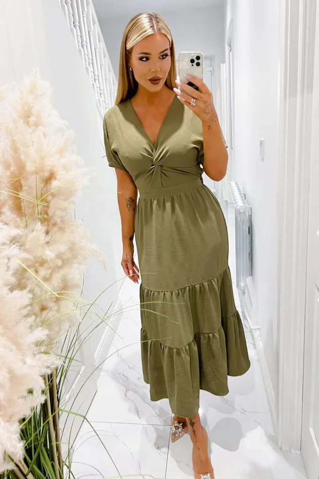 AX Paris Khaki Twist Front Maxi Smock Dress Women Dresses