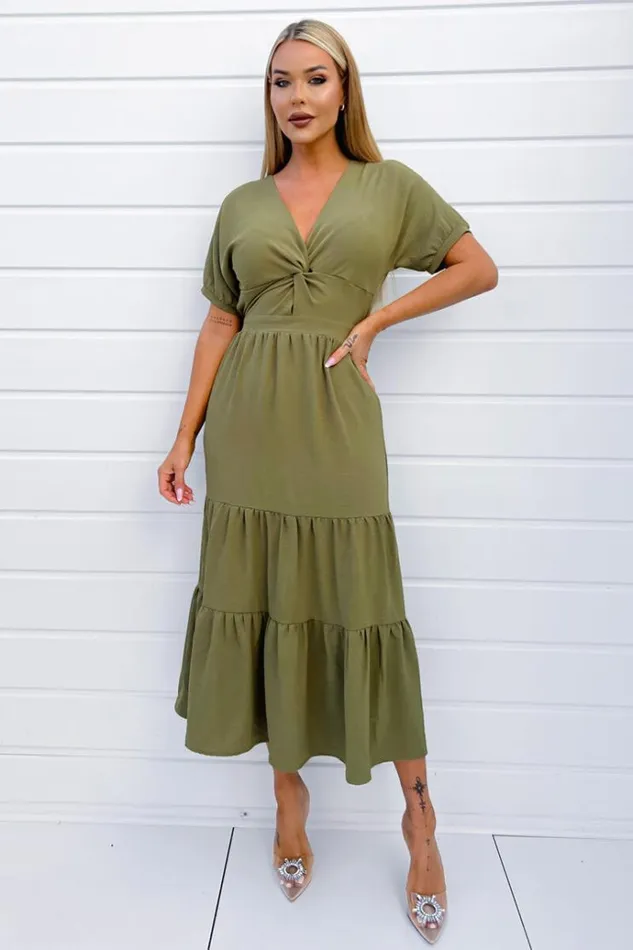 AX Paris Khaki Twist Front Maxi Smock Dress Women Dresses