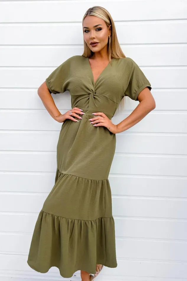AX Paris Khaki Twist Front Maxi Smock Dress Women Dresses