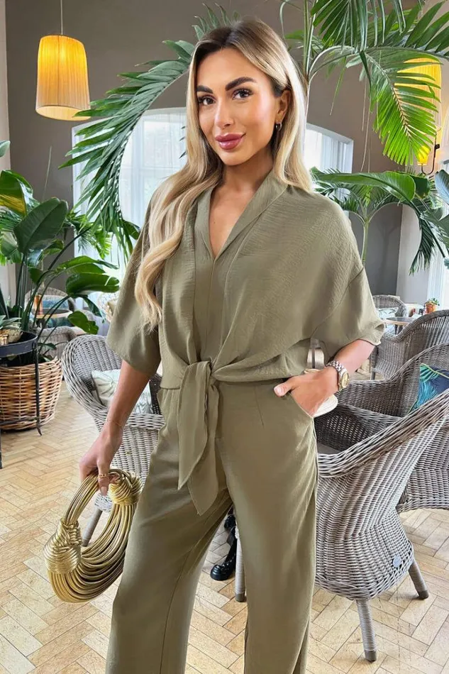 AX Paris Khaki VNeck Collar Tie Front Shirt Women Coords