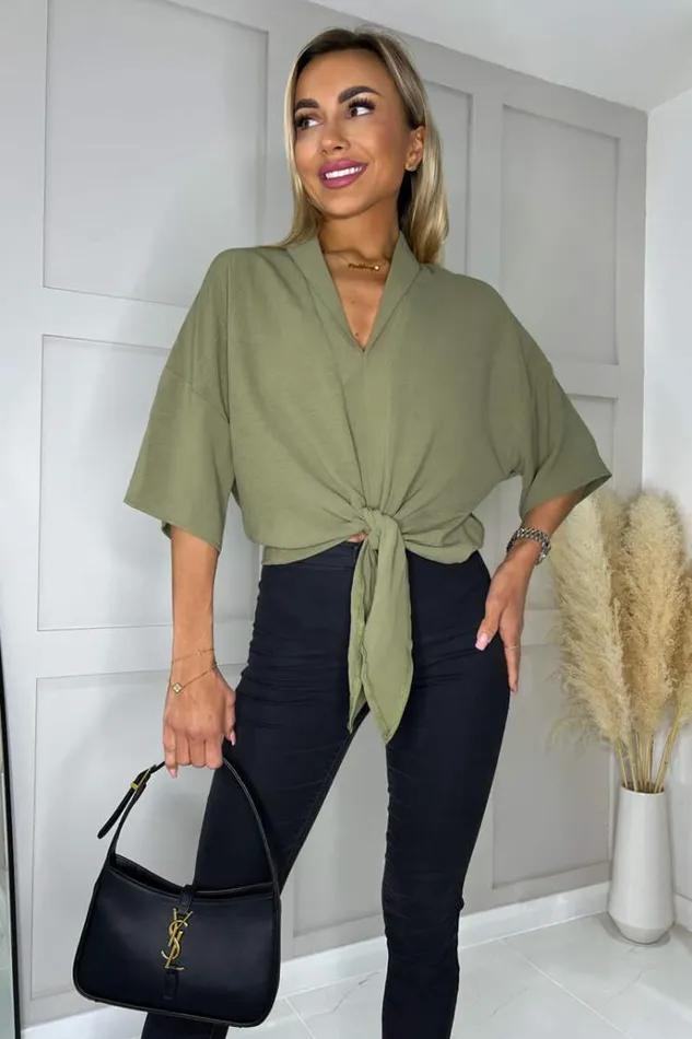 AX Paris Khaki VNeck Collar Tie Front Shirt Women Tops