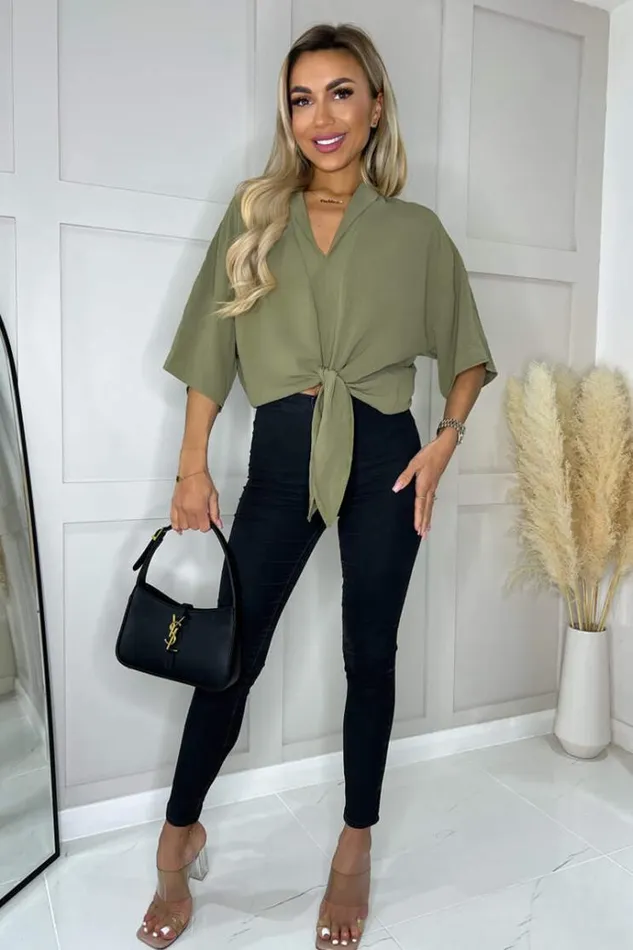 AX Paris Khaki VNeck Collar Tie Front Shirt Women Tops