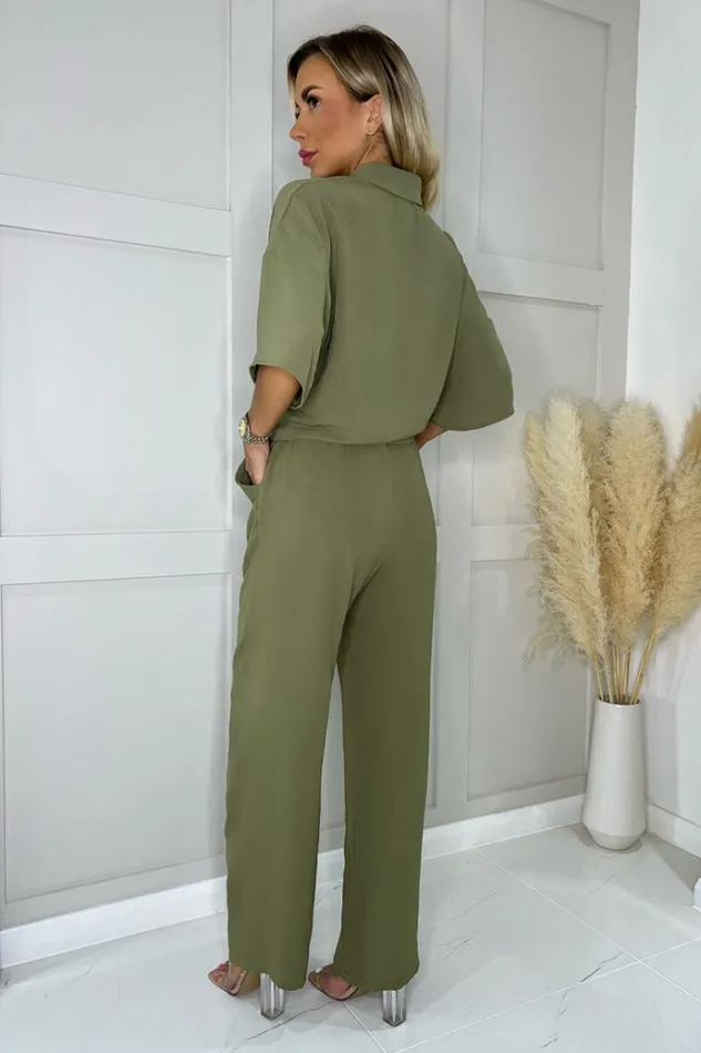 AX Paris Khaki VNeck Collar Tie Front Shirt Women Tops