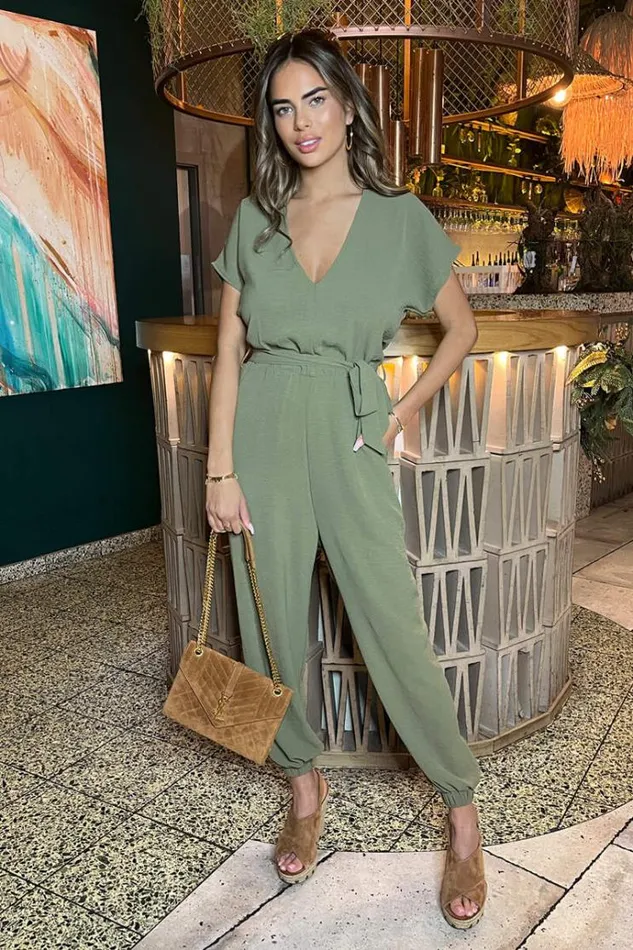 AX Paris Khaki VNeck Short Sleeve Belted Elasticated Cuff Jumpsuit Women Jumpsuits And Playsuits AX Paris Khaki VNeck Short Sleeve Belted Elasticated Cuff Jumpsuit Women Jumpsuits And Playsuits