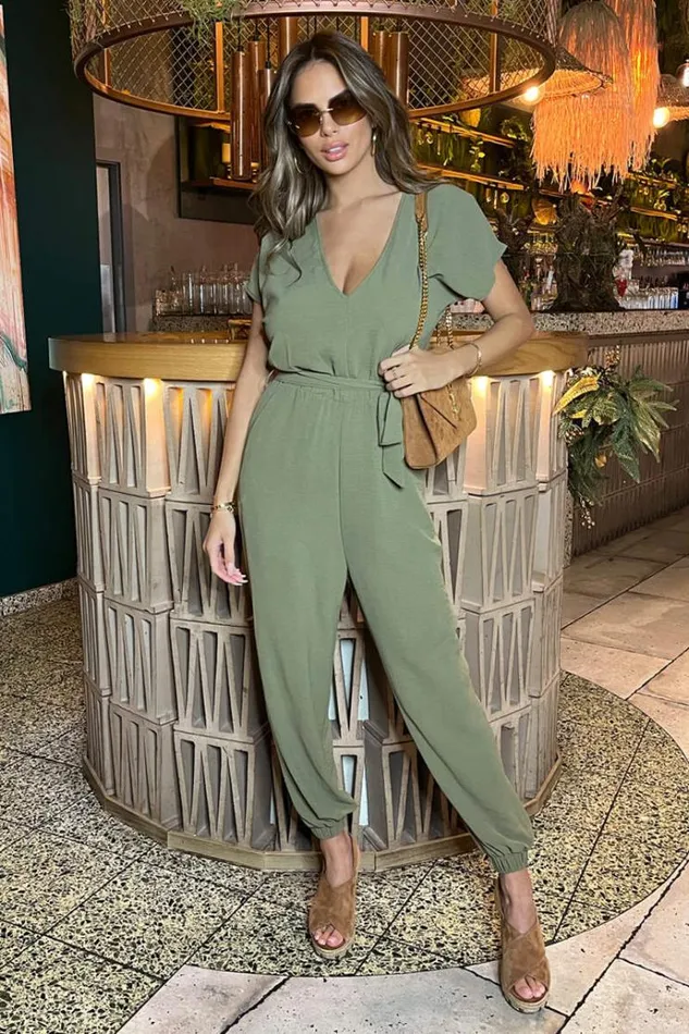 AX Paris Khaki VNeck Short Sleeve Belted Elasticated Cuff Jumpsuit Women Jumpsuits And Playsuits