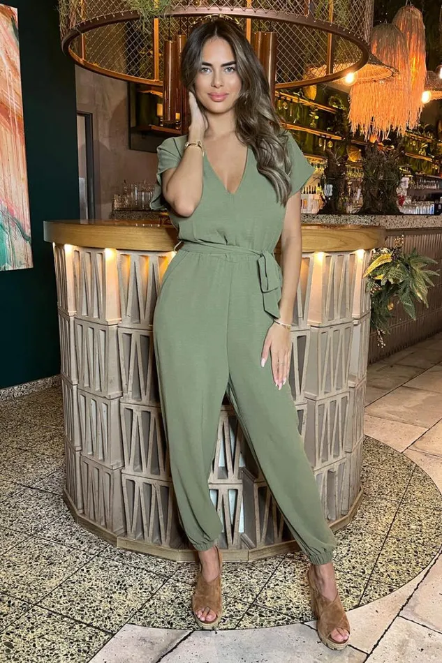 AX Paris Khaki VNeck Short Sleeve Belted Elasticated Cuff Jumpsuit Women Jumpsuits And Playsuits