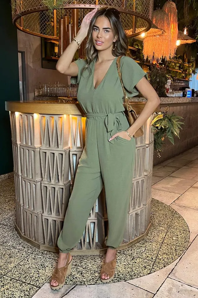 AX Paris Khaki VNeck Short Sleeve Belted Elasticated Cuff Jumpsuit Women Jumpsuits And Playsuits