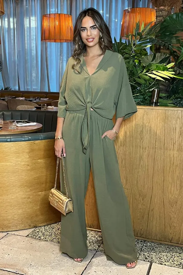 AX Paris Khaki Wide Leg Trousers With Elasticated Waist Women Coords