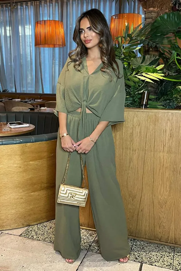 AX Paris Khaki Wide Leg Trousers With Elasticated Waist Women Coords