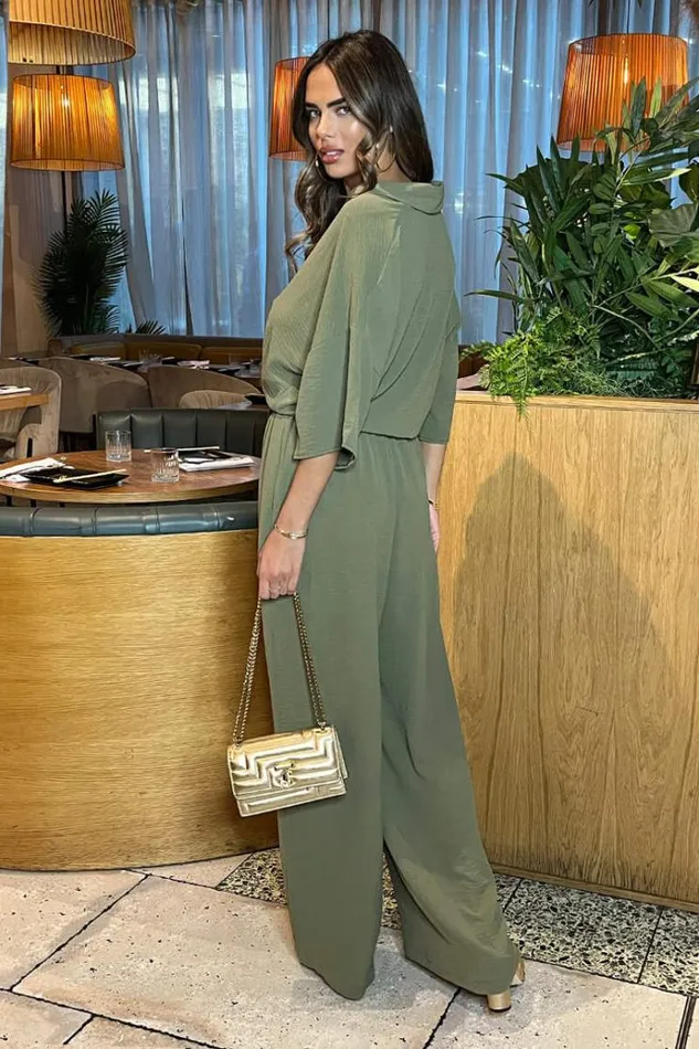 AX Paris Khaki Wide Leg Trousers With Elasticated Waist Women Coords