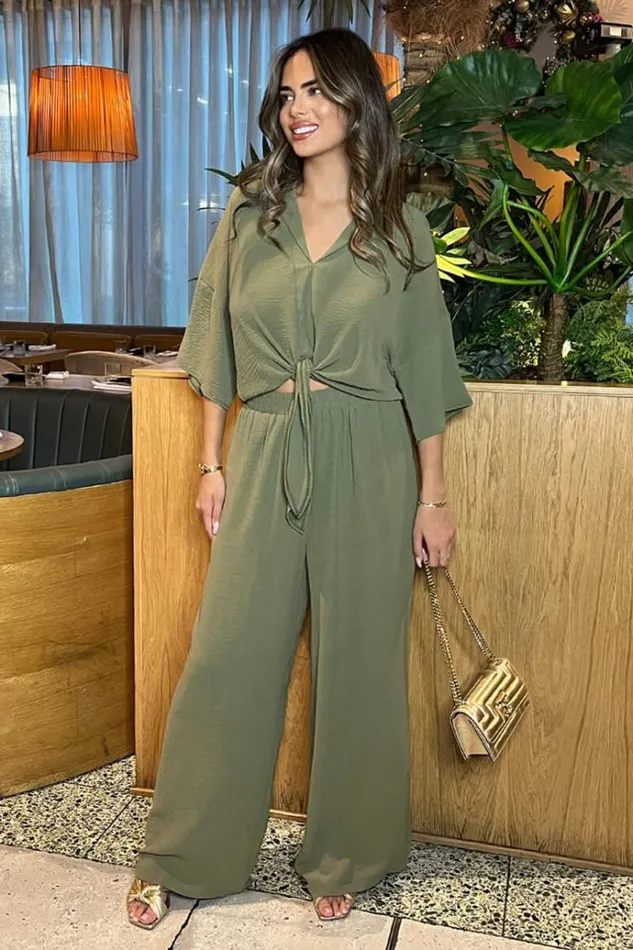AX Paris Khaki Wide Leg Trousers With Elasticated Waist Women Trousers and Leggings AX Paris Khaki Wide Leg Trousers With Elasticated Waist Women Trousers and Leggings