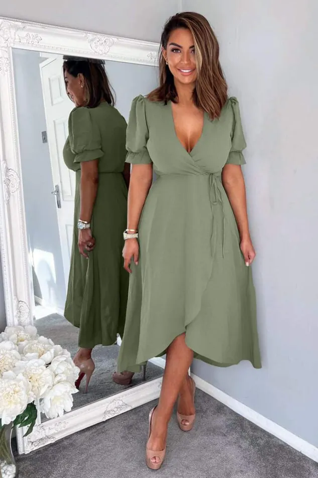 AX Paris Khaki Wrap Side Tie Midi Dress Women Dresses