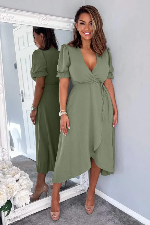 AX Paris Khaki Wrap Side Tie Midi Dress Women Dresses