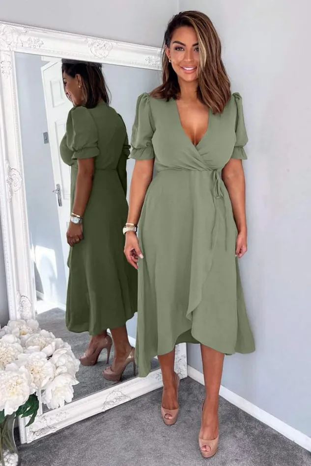 AX Paris Khaki Wrap Side Tie Midi Dress Women Dresses