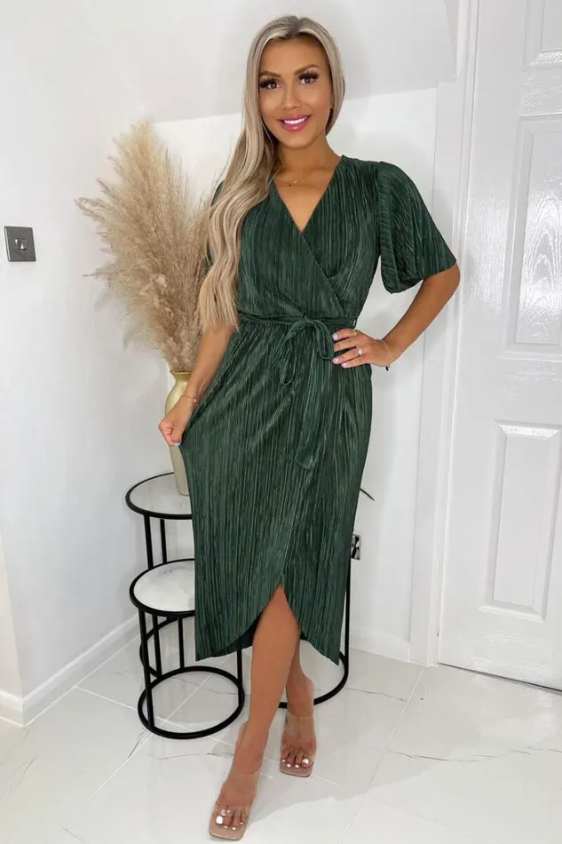 AX Paris Khaki Wrap Top Belted Short Sleeve Plisse Midi Dress Women Dresses