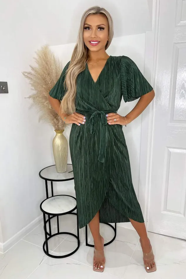 AX Paris Khaki Wrap Top Belted Short Sleeve Plisse Midi Dress Women Dresses