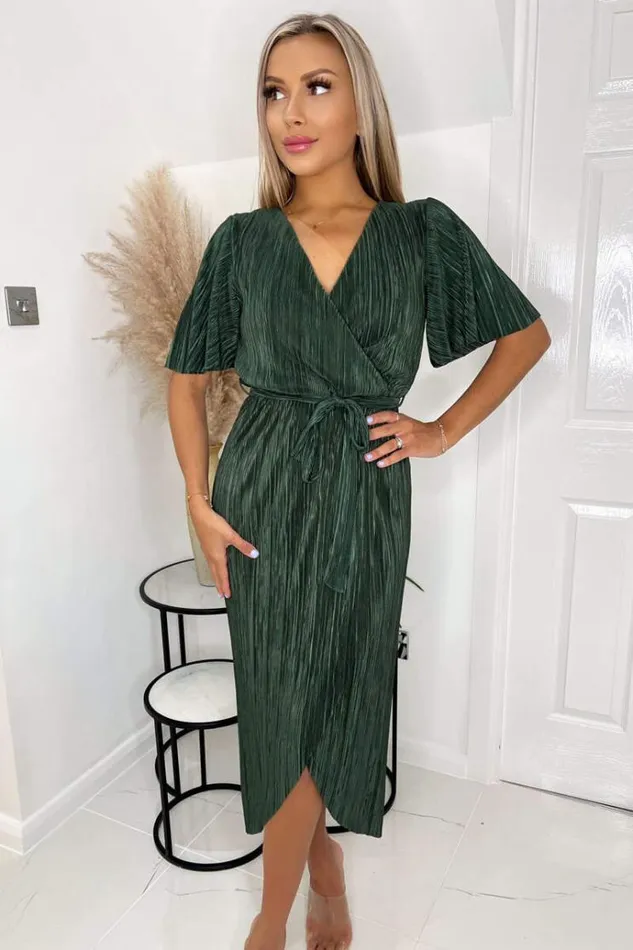 AX Paris Khaki Wrap Top Belted Short Sleeve Plisse Midi Dress Women Dresses