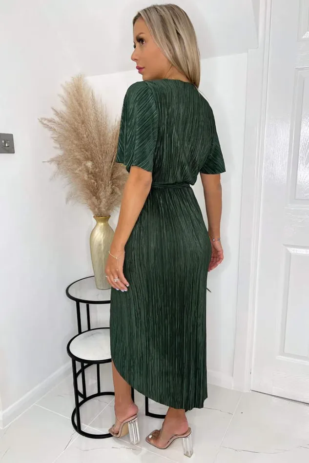 AX Paris Khaki Wrap Top Belted Short Sleeve Plisse Midi Dress Women Dresses