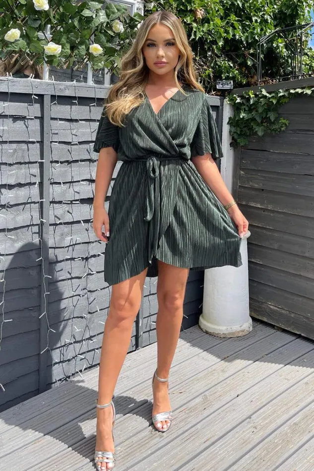 AX Paris Khaki Wrap Top Belted Short Sleeve Plisse Mini Dress Women Dresses