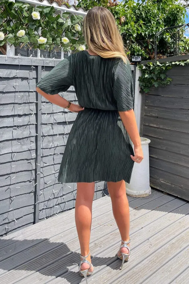 AX Paris Khaki Wrap Top Belted Short Sleeve Plisse Mini Dress Women Dresses