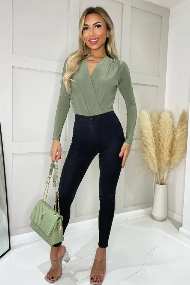 AX Paris Khaki Wrap Top Long Sleeve Slinky Bodysuit Women Bodysuits