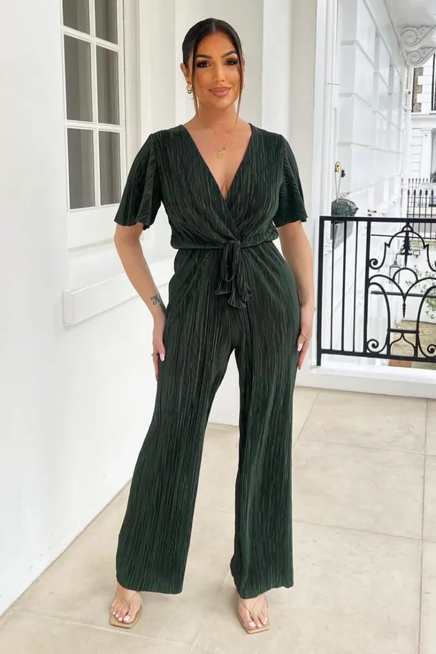 AX Paris Khaki Wrap Top Plisse Jumpsuit Women Jumpsuits And Playsuits
