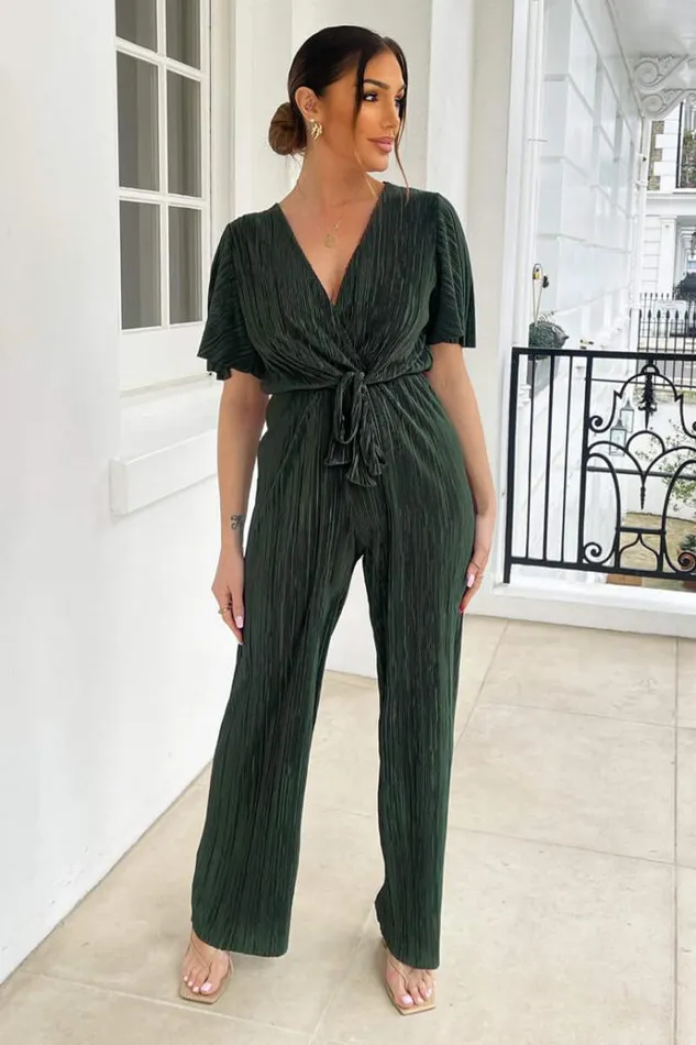 AX Paris Khaki Wrap Top Plisse Jumpsuit Women Jumpsuits And Playsuits