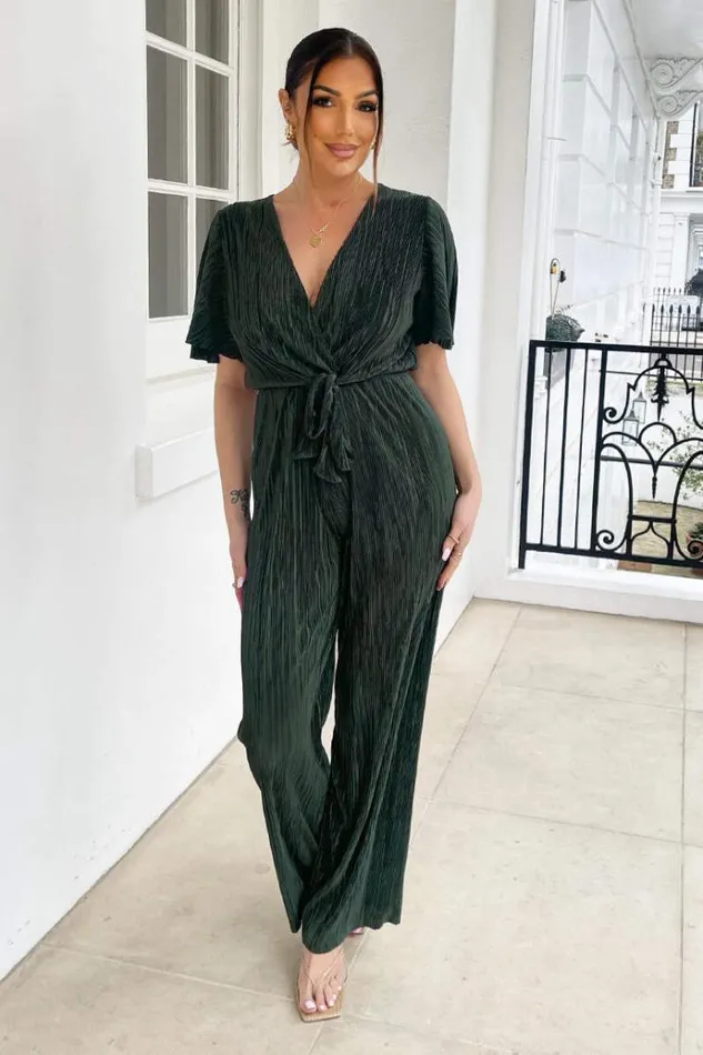AX Paris Khaki Wrap Top Plisse Jumpsuit Women Jumpsuits And Playsuits