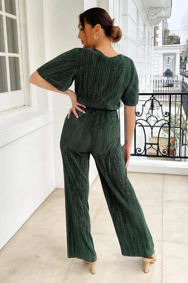AX Paris Khaki Wrap Top Plisse Jumpsuit Women Jumpsuits And Playsuits