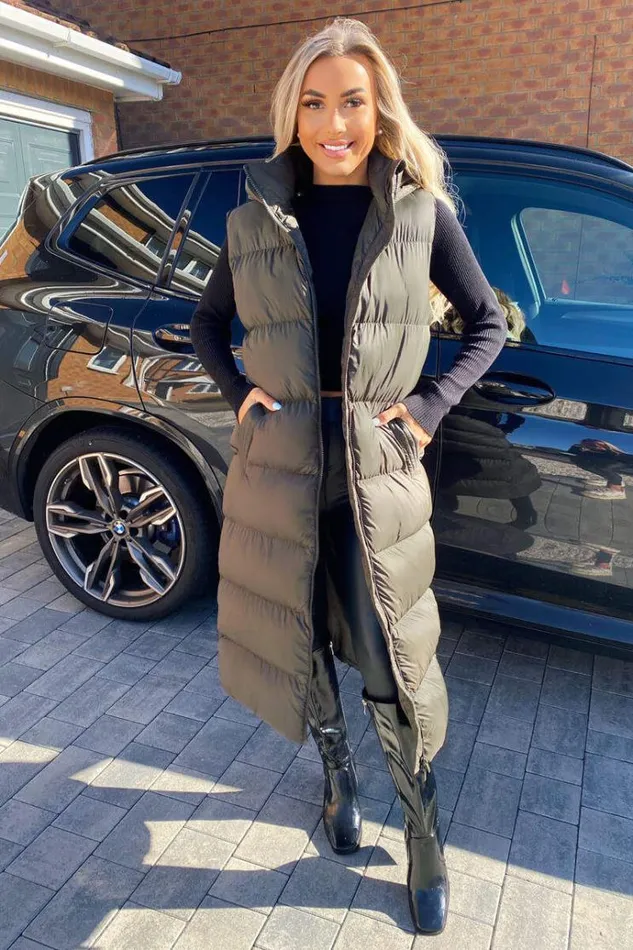 AX Paris Khaki Zip Up Hooded Gilet Women Coats and Jackets