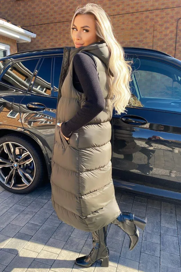 AX Paris Khaki Zip Up Hooded Gilet Women Coats and Jackets