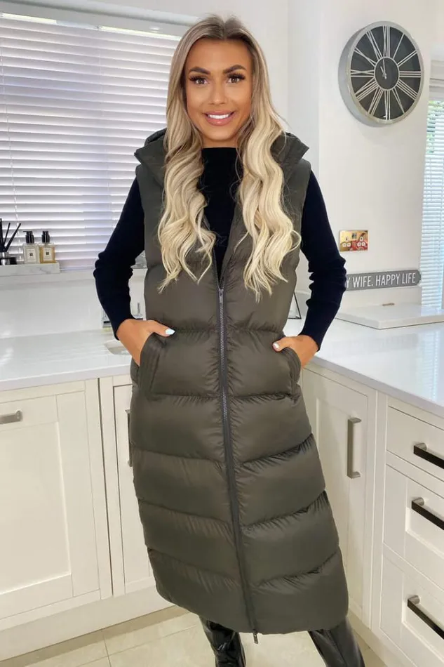 AX Paris Khaki Zip Up Hooded Gilet Women Coats and Jackets