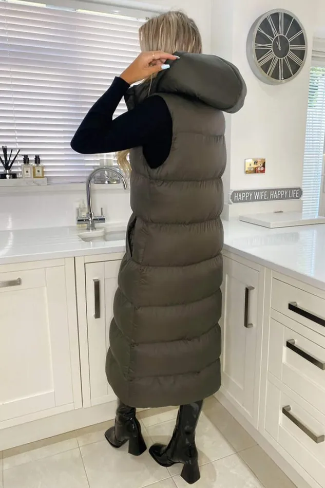 AX Paris Khaki Zip Up Hooded Gilet Women Coats and Jackets