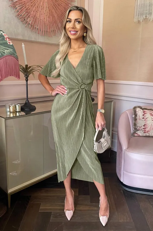 AX Paris Light Khaki Short Sleeve Plisse Wrap Midi Dress Women Dresses