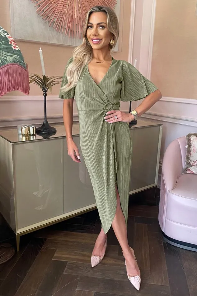 AX Paris Light Khaki Short Sleeve Plisse Wrap Midi Dress Women Dresses