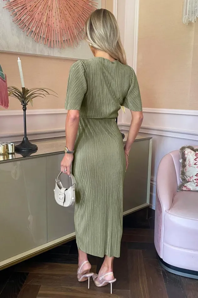 AX Paris Light Khaki Short Sleeve Plisse Wrap Midi Dress Women Dresses