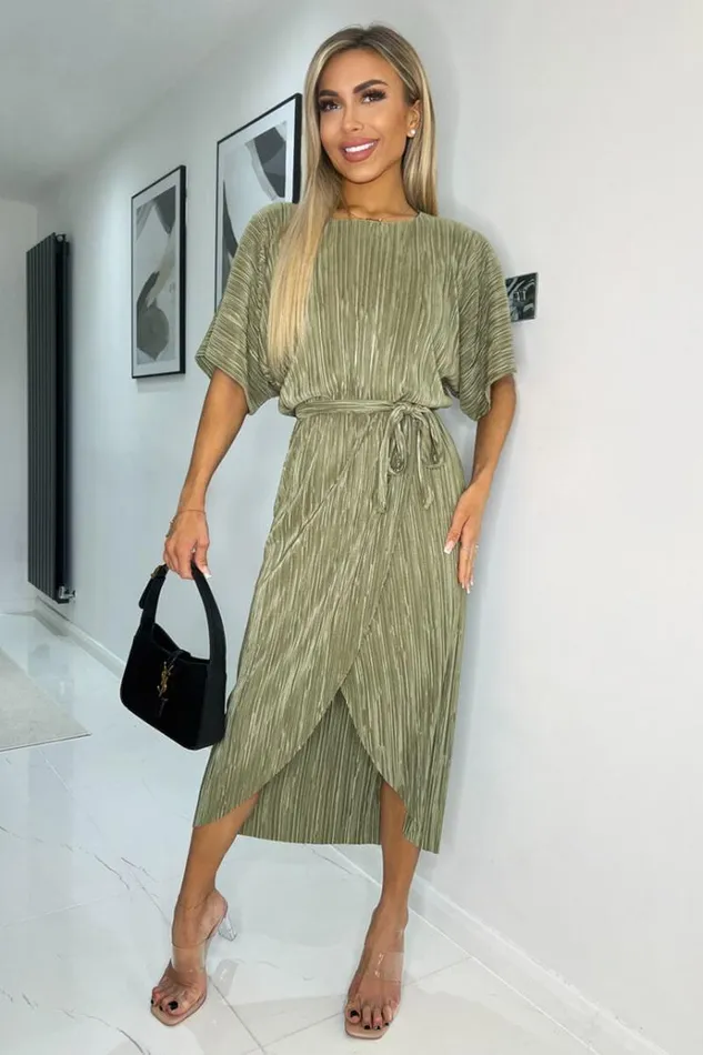 AX Paris Light Khaki Short Sleeve Tie Waist Plisse Midi Dress Women Dresses