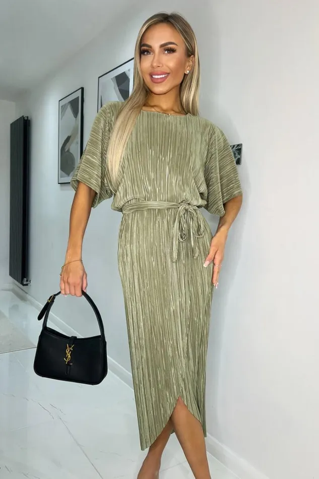 AX Paris Light Khaki Short Sleeve Tie Waist Plisse Midi Dress Women Dresses