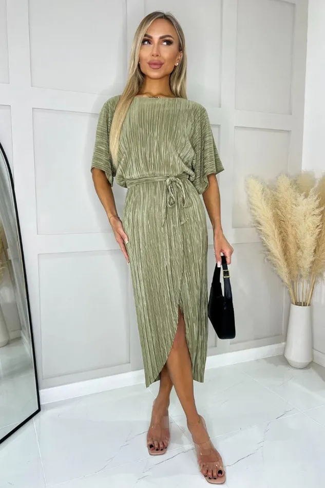 AX Paris Light Khaki Short Sleeve Tie Waist Plisse Midi Dress Women Dresses