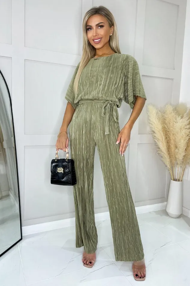 AX Paris Light Khaki Wide Sleeve Tie Waist Plisse Jumpsuit Women Jumpsuits And Playsuits AX Paris Light Khaki Wide Sleeve Tie Waist Plisse Jumpsuit Women Jumpsuits And Playsuits