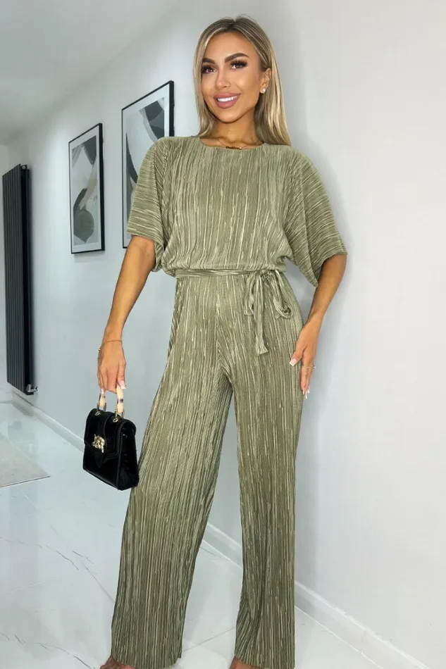 AX Paris Light Khaki Wide Sleeve Tie Waist Plisse Jumpsuit Women Jumpsuits And Playsuits
