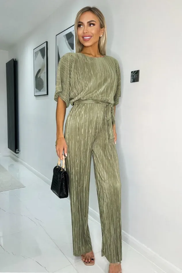 AX Paris Light Khaki Wide Sleeve Tie Waist Plisse Jumpsuit Women Jumpsuits And Playsuits