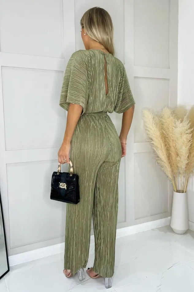 AX Paris Light Khaki Wide Sleeve Tie Waist Plisse Jumpsuit Women Jumpsuits And Playsuits