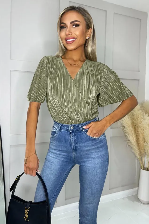 AX Paris Light Khaki Wrap Top Butterfly Sleeve Plisse Bodysuit Women Bodysuits AX Paris Light Khaki Wrap Top Butterfly Sleeve Plisse Bodysuit Women Bodysuits