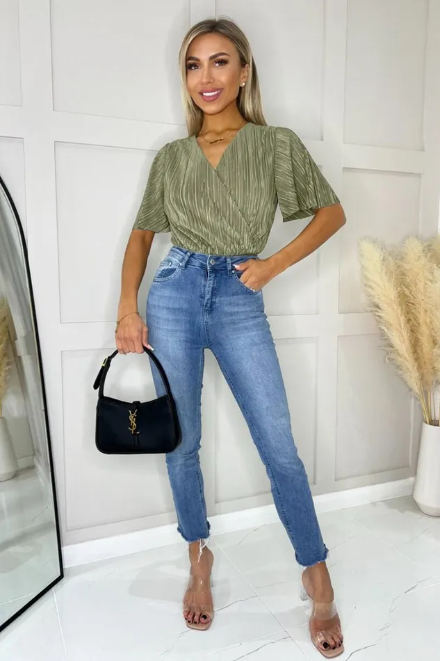 AX Paris Light Khaki Wrap Top Butterfly Sleeve Plisse Bodysuit Women Bodysuits