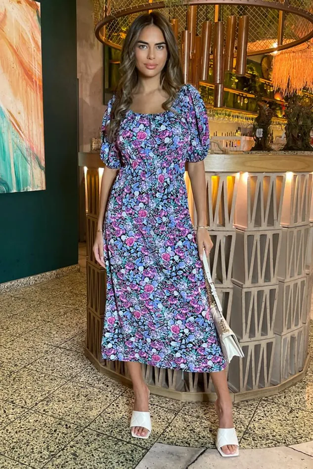AX Paris Lilac Floral Printed Puff Sleeve Midi Dress Women Dresses