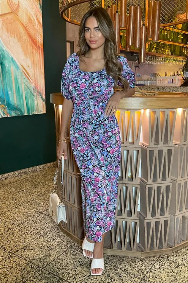 AX Paris Lilac Floral Printed Puff Sleeve Midi Dress Women Dresses