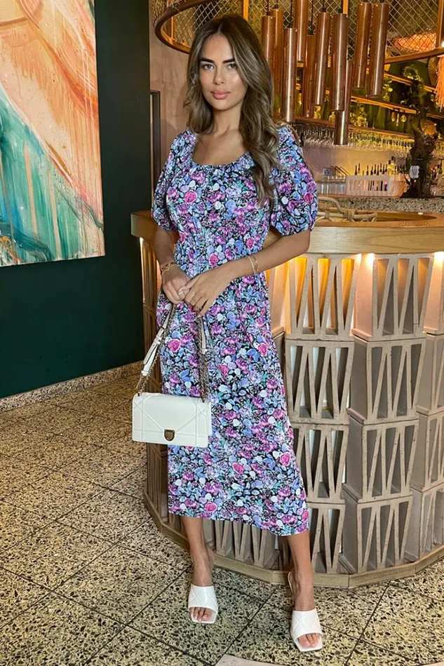 AX Paris Lilac Floral Printed Puff Sleeve Midi Dress Women Dresses